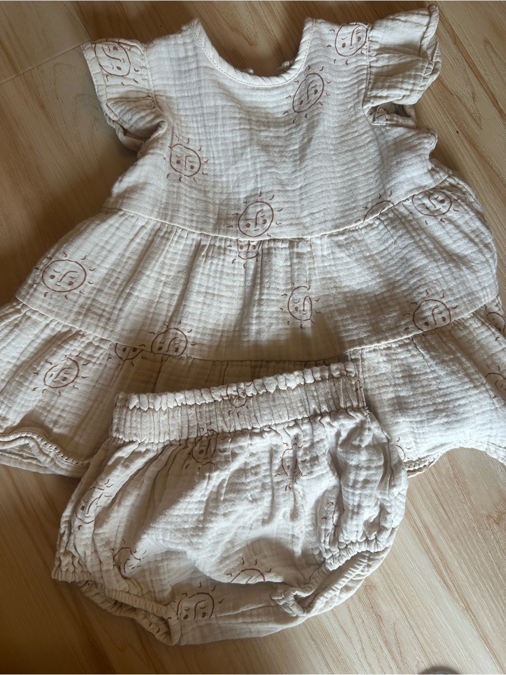 Quincy Mae Cream Muslin Dress & Bloomers with Rust Sun Motif